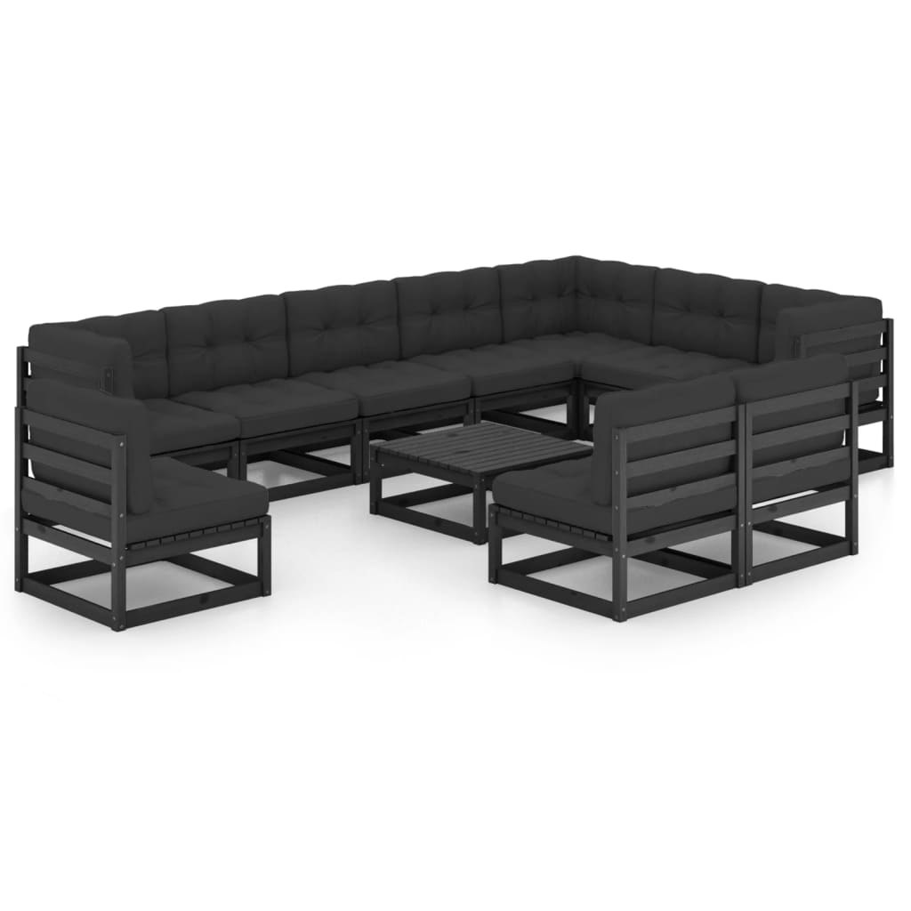 Vetonek Set de muebles de jardín 11 pzas con cojines madera pino negro