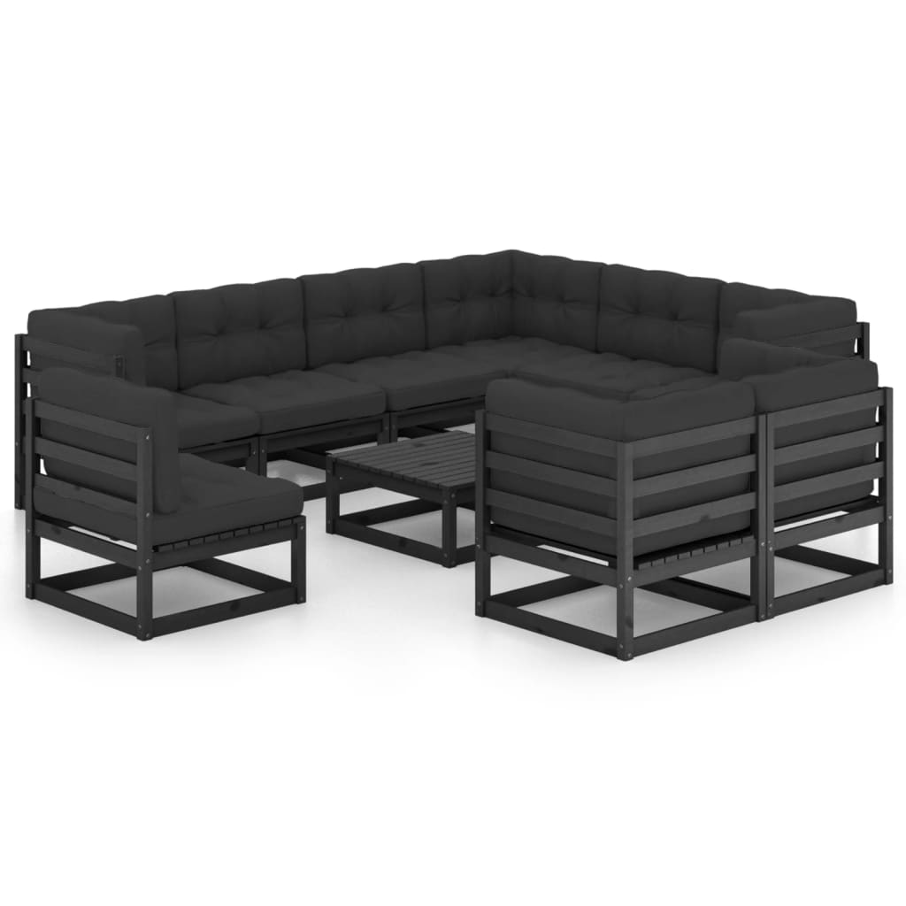 Vetonek Set de muebles de jardín 10 pzas con cojines madera pino negro