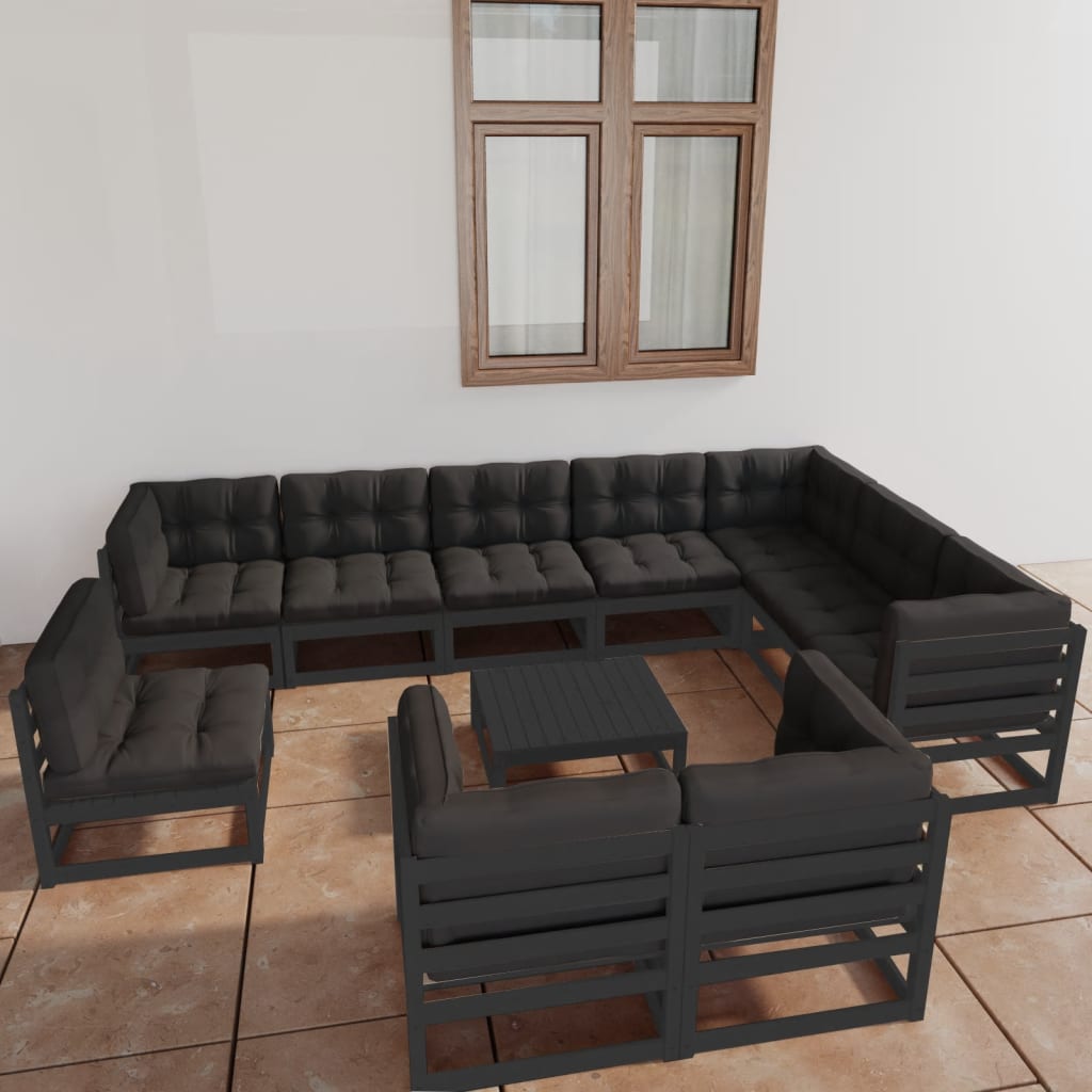 Vetonek Set de muebles de jardín 11 pzas con cojines madera pino negro