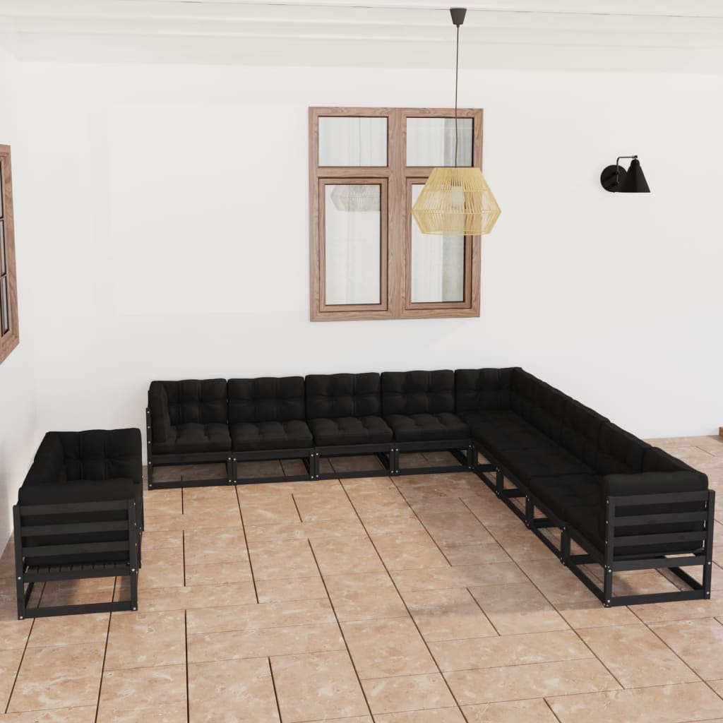 Vetonek Set de muebles de jardín 11 pzas con cojines madera pino negro