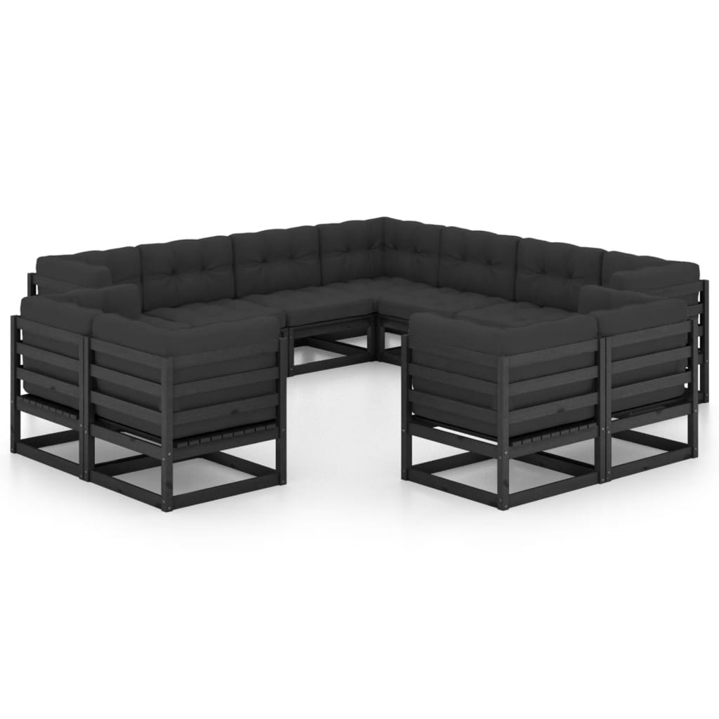 Set de muebles de jardín 11 pzas con cojines madera pino negro vidaXL