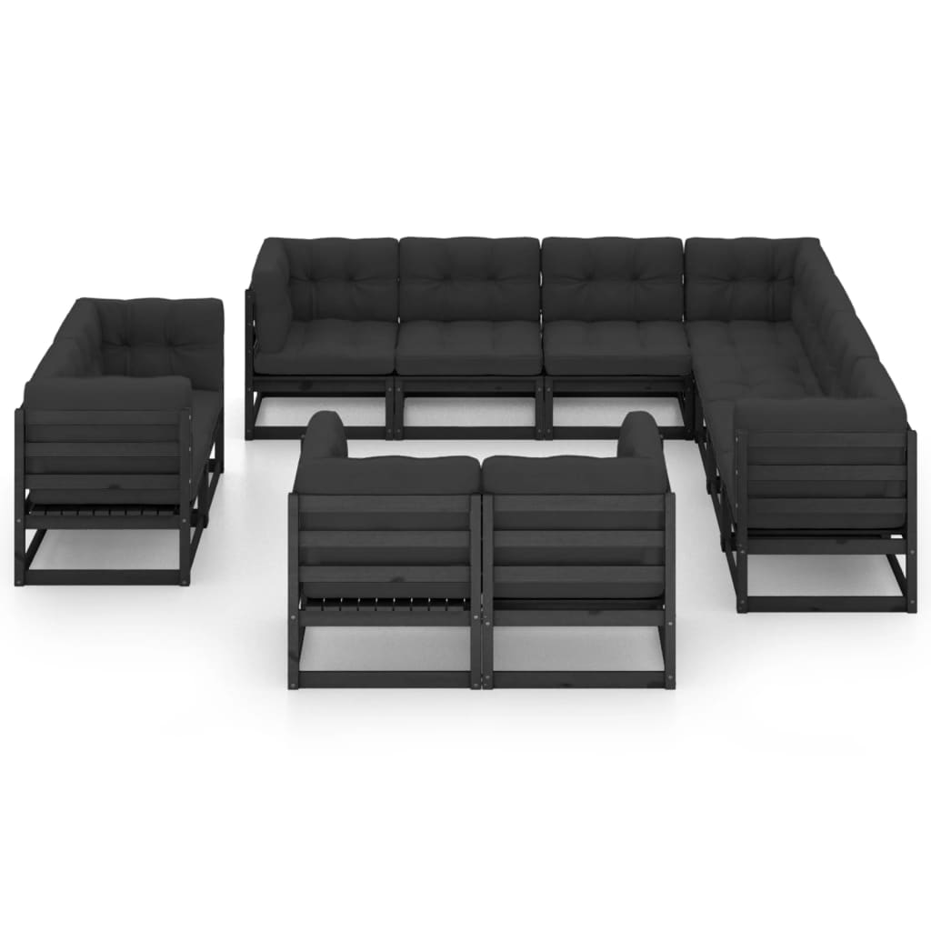 Set de muebles de jardín 11 pzas con cojines madera pino negro vidaXL