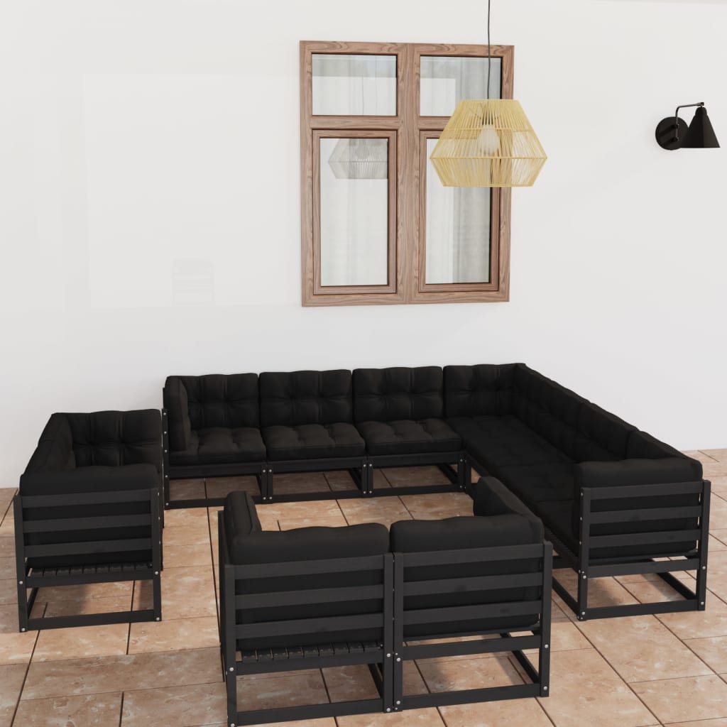 Vetonek Set de muebles de jardín 11 pzas con cojines madera pino negro