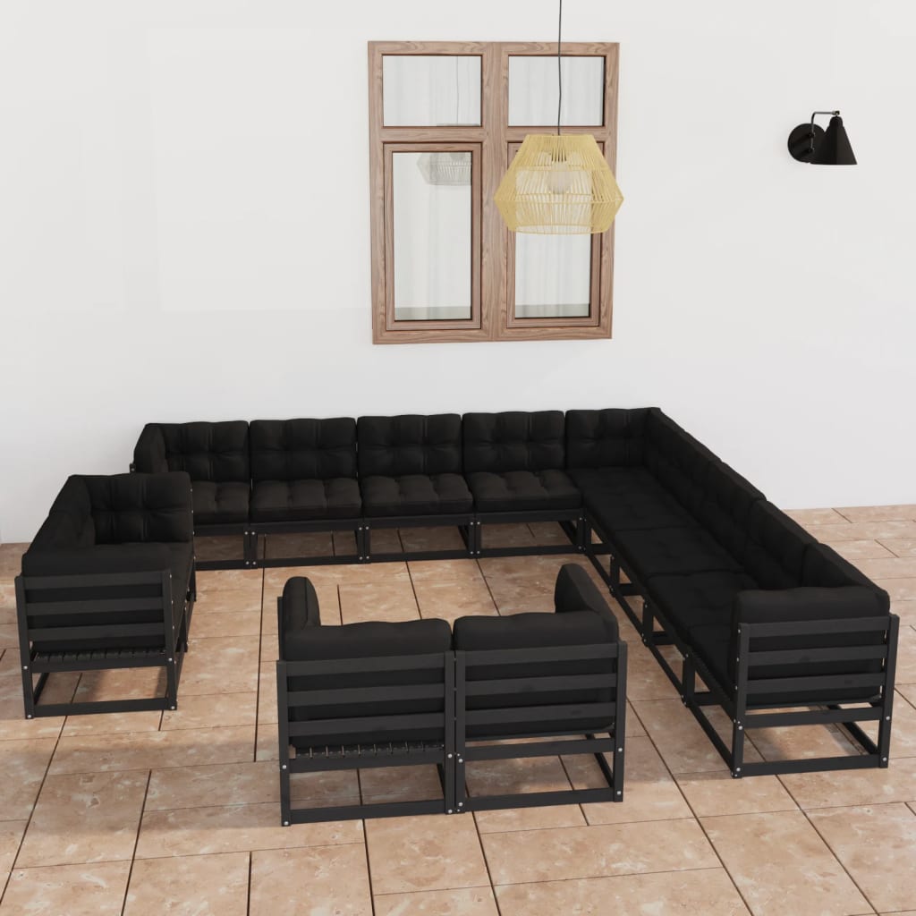 Vetonek Set de muebles de jardín 13 pzas con cojines madera pino negro