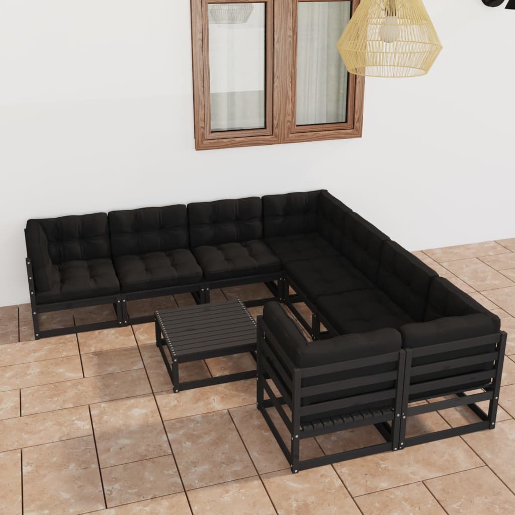 Vetonek Set de muebles de jardín 9 pzas con cojines madera pino negro