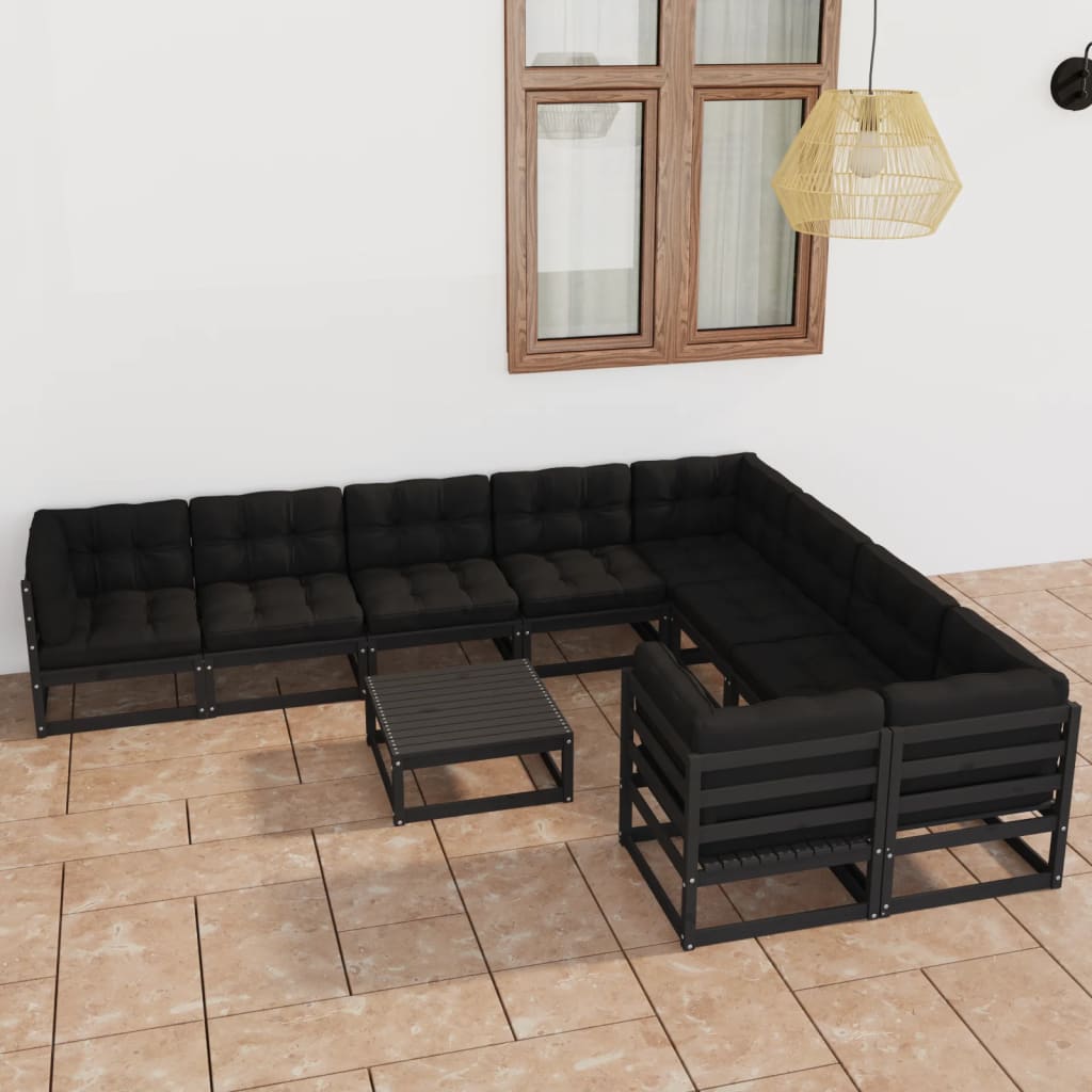 Vetonek Set de muebles de jardín 10 pzas con cojines madera pino negro