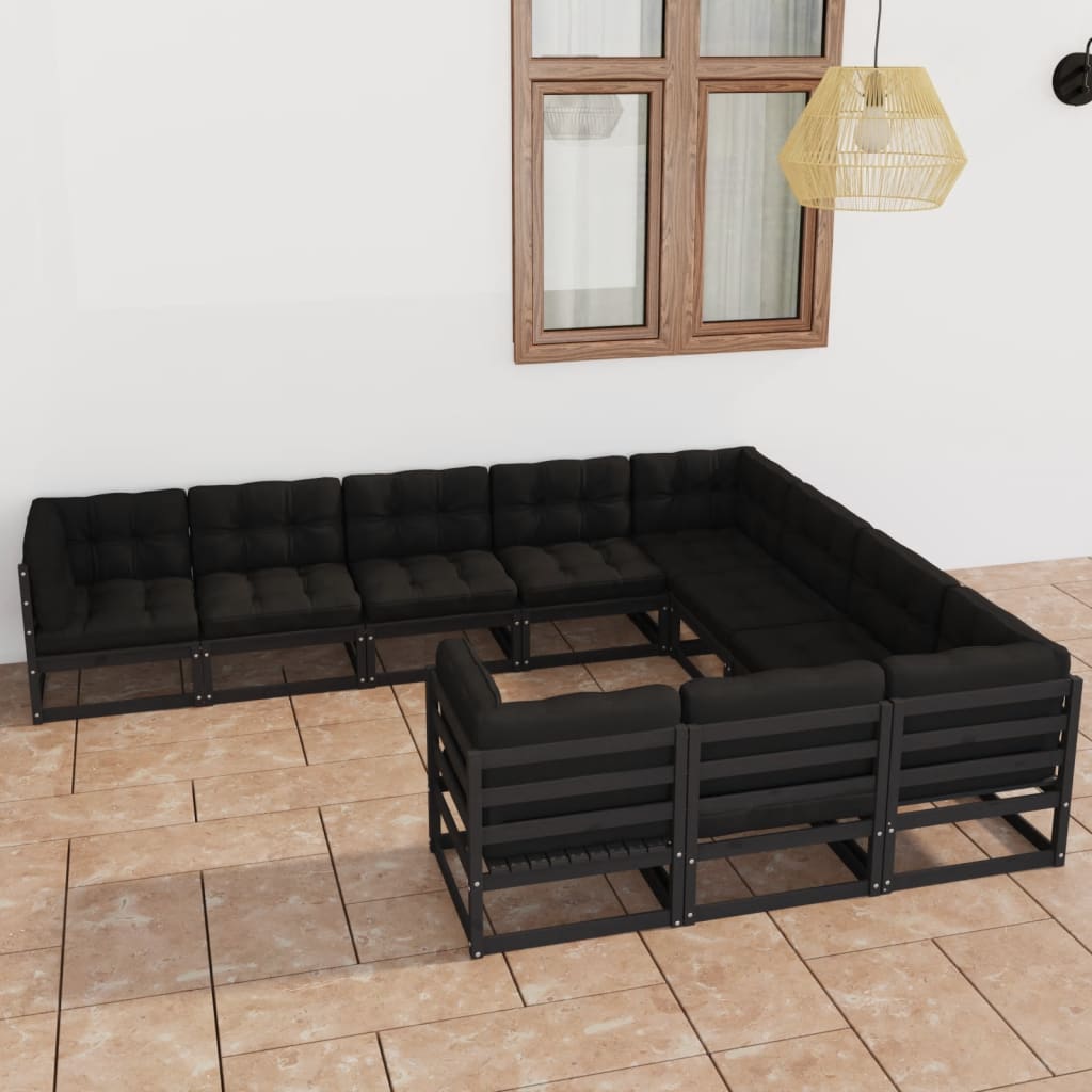 Vetonek Set de muebles de jardín 10 pzas con cojines madera pino negro