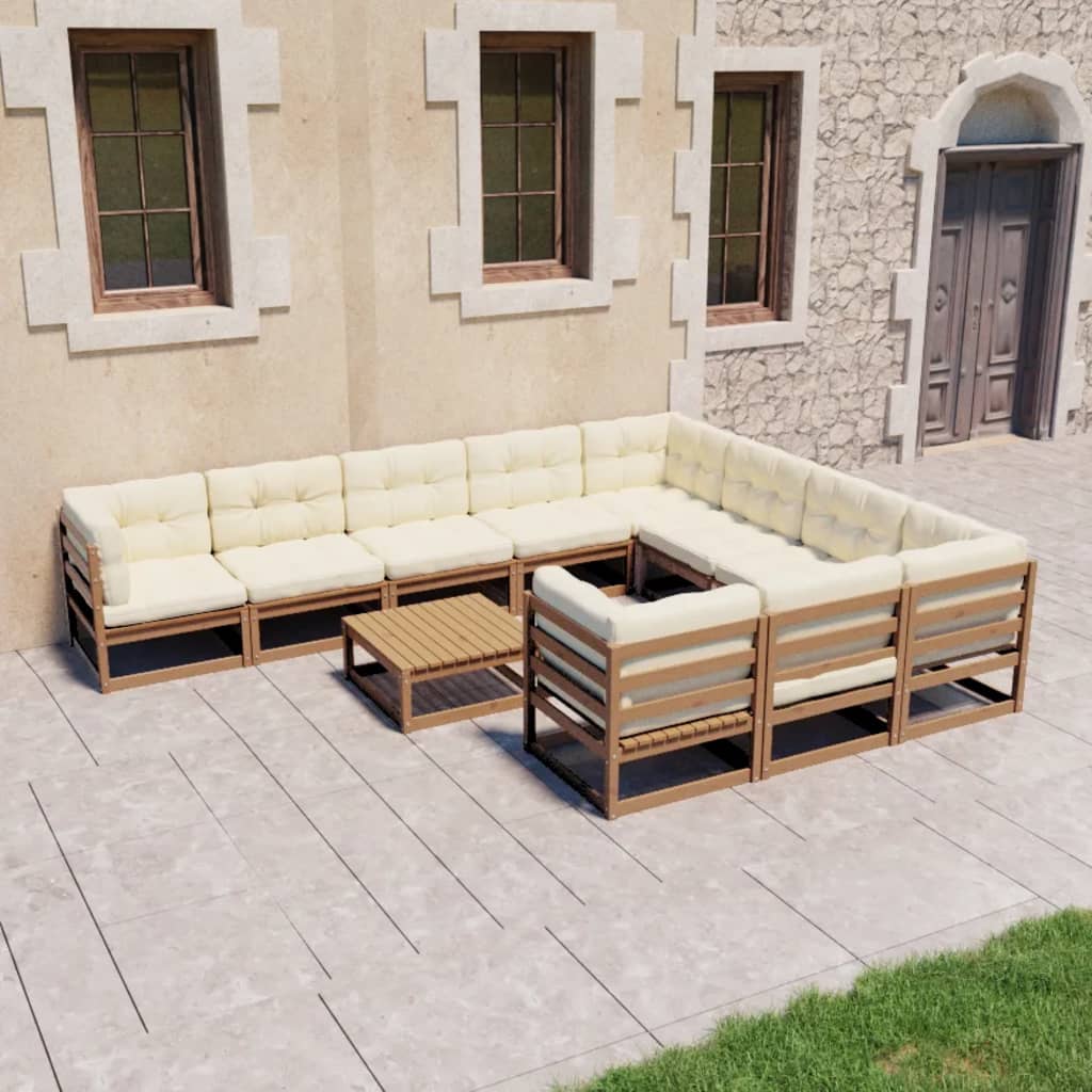 Vetonek Set de muebles de jardín 11 pzs cojines madera pino marrón miel