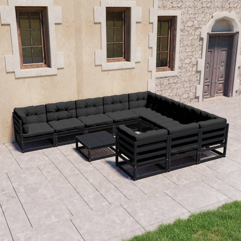 Vetonek Set de muebles de jardín 11 pzas con cojines madera pino negro