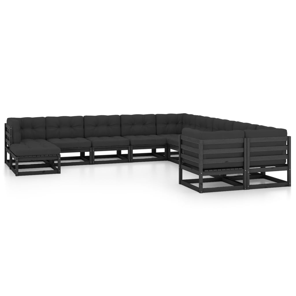 Vetonek Set de muebles de jardín 11 pzas con cojines madera pino negro