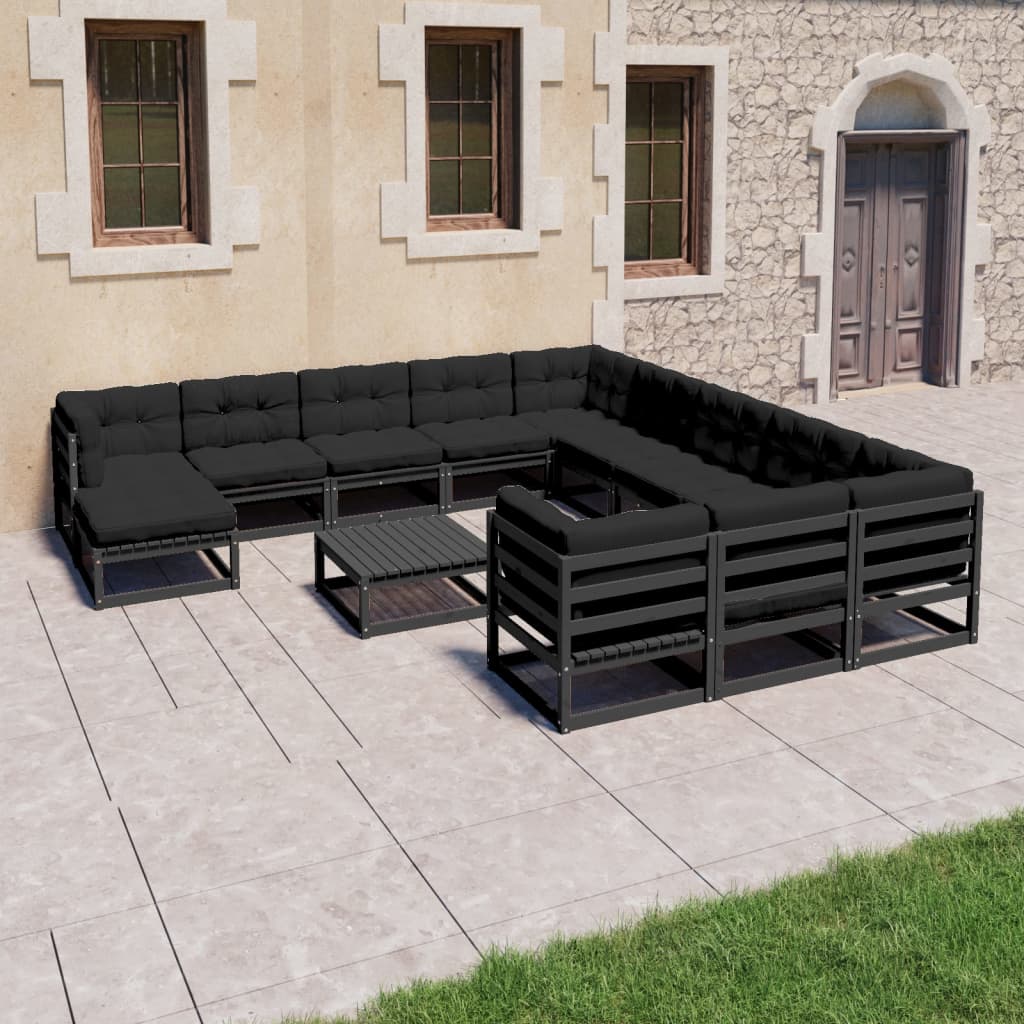 Vetonek Set de muebles de jardín 13 pzas con cojines madera pino negro