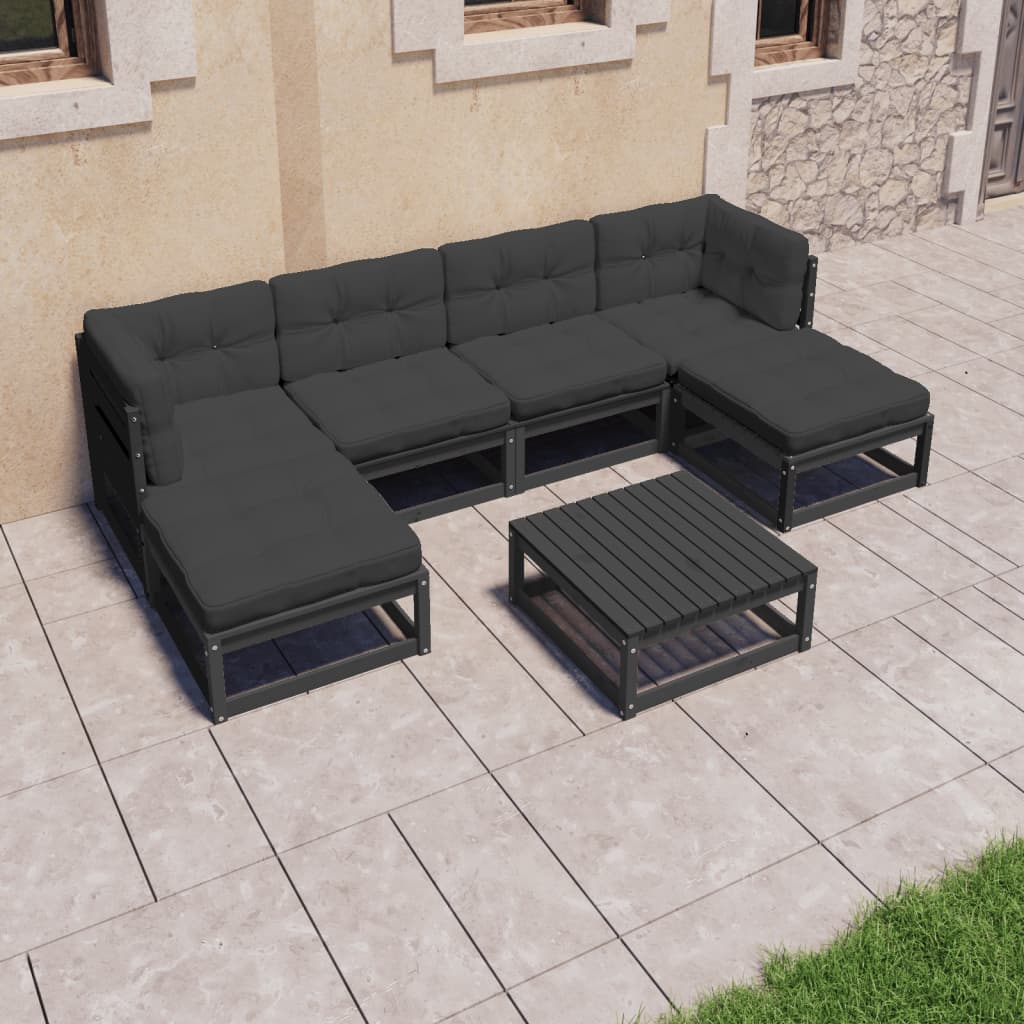 Vetonek Set de muebles de jardín 7 pzas con cojines madera pino negro