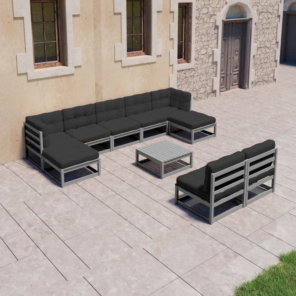 Vetonek Set de muebles de jardín 10 pzas con cojines madera pino gris