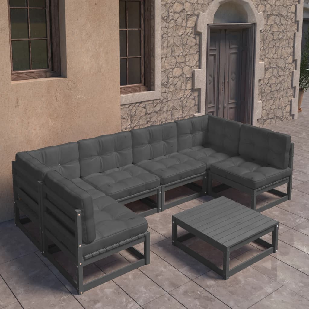 Vetonek Set de muebles de jardín 7 pzas con cojines madera pino negro