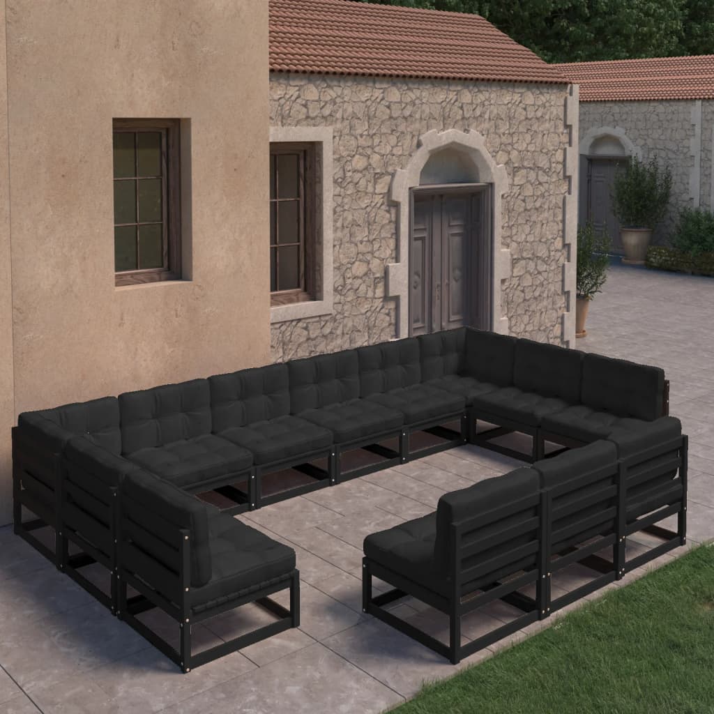 Vetonek Set de muebles de jardín 13 pzas con cojines madera pino negro