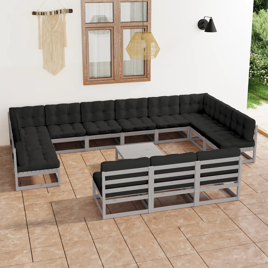 Vetonek Set de muebles de jardín 14 pzas con cojines madera pino gris