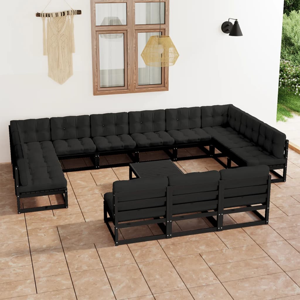 Vetonek Set de muebles de jardín 14 pzas con cojines madera pino negro