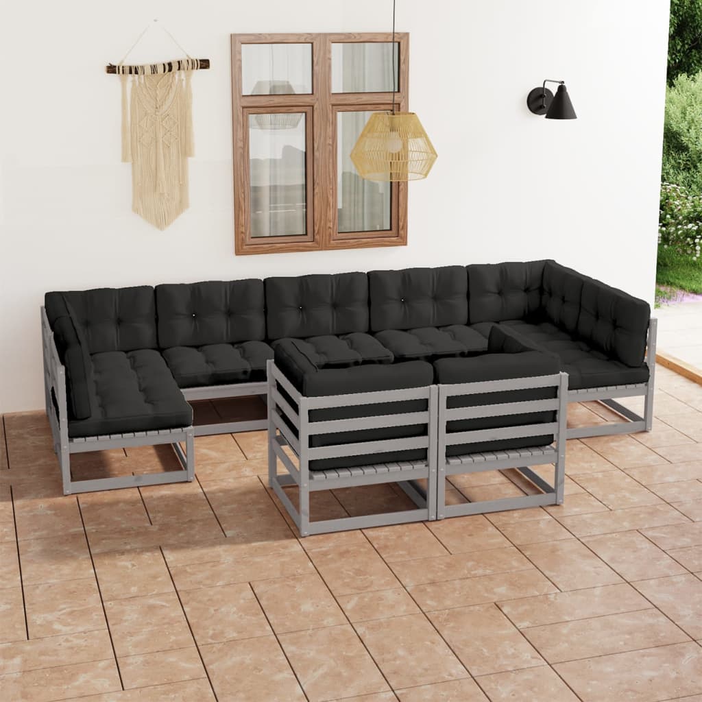 Vetonek Set de muebles de jardín 9 pzas con cojines madera pino gris