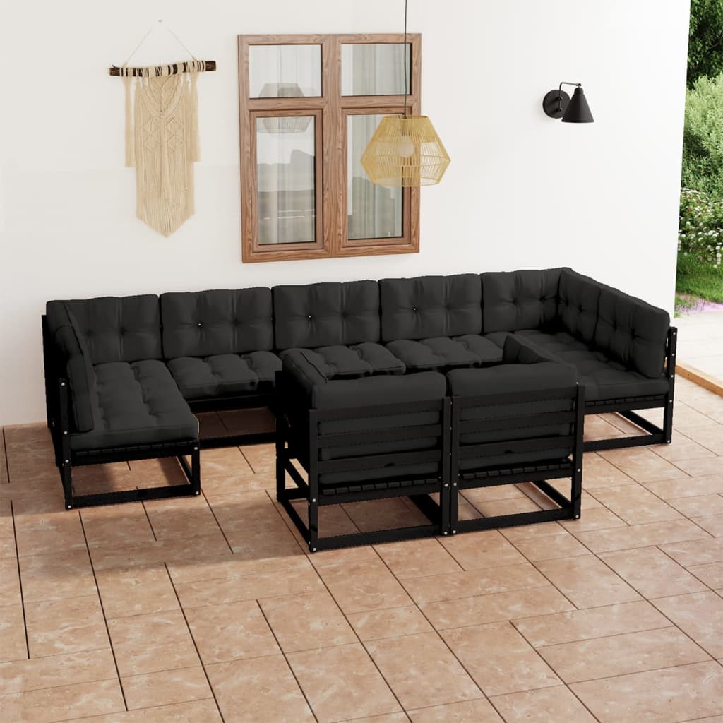 Vetonek Set de muebles de jardín 9 pzas con cojines madera pino negro