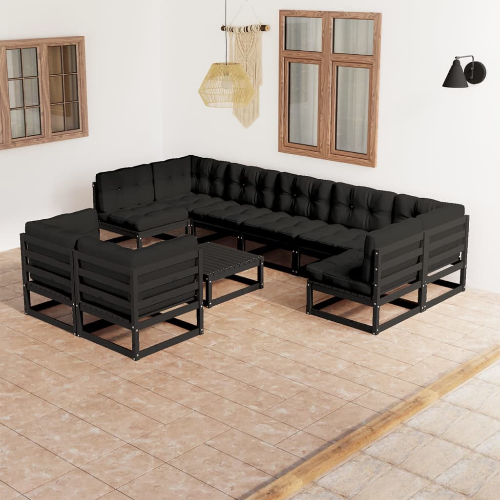 Vetonek Set de muebles de jardín 10 pzas con cojines madera pino negro