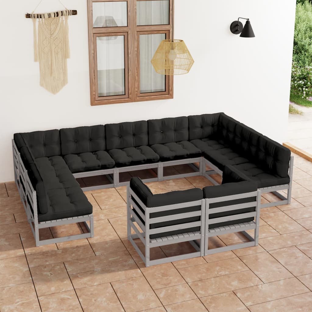 Vetonek Set de muebles de jardín 11 pzas con cojines madera pino gris