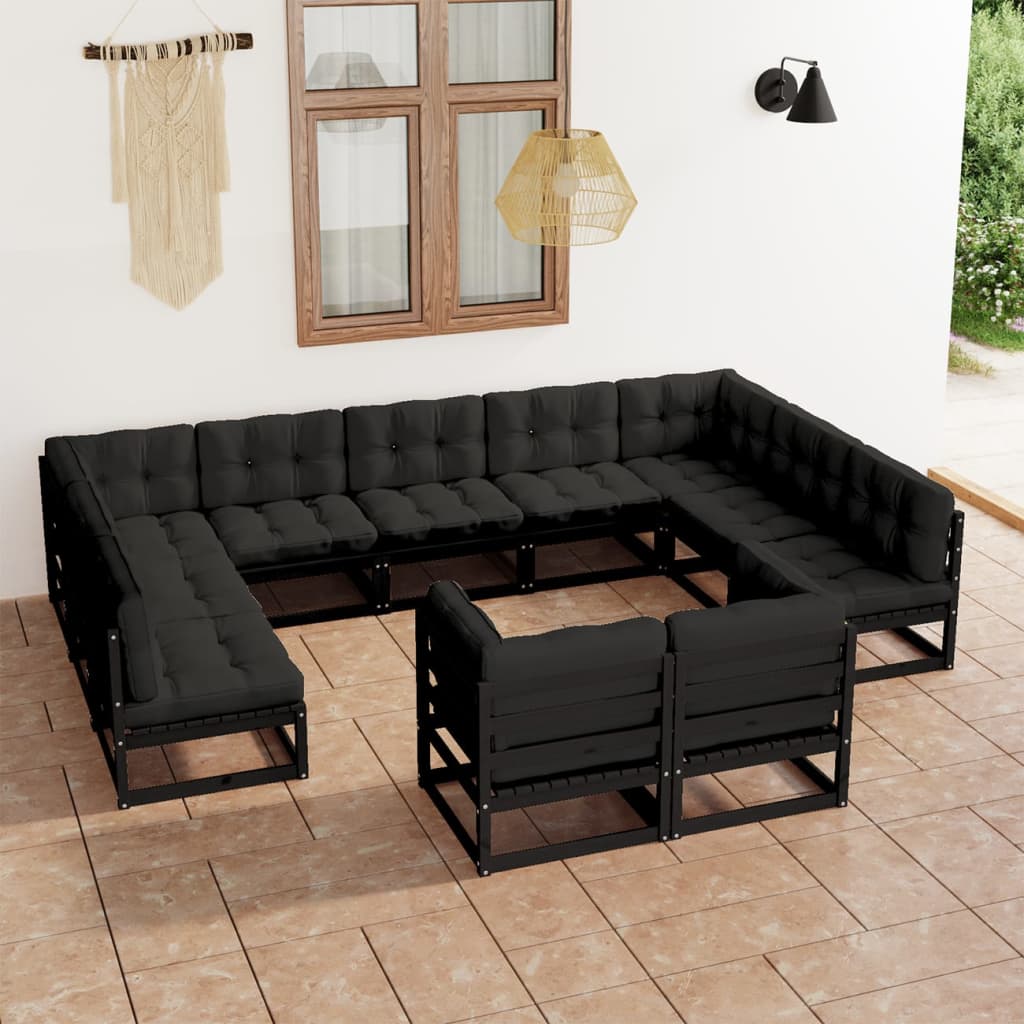 Vetonek Set de muebles de jardín 11 pzas con cojines madera pino negro