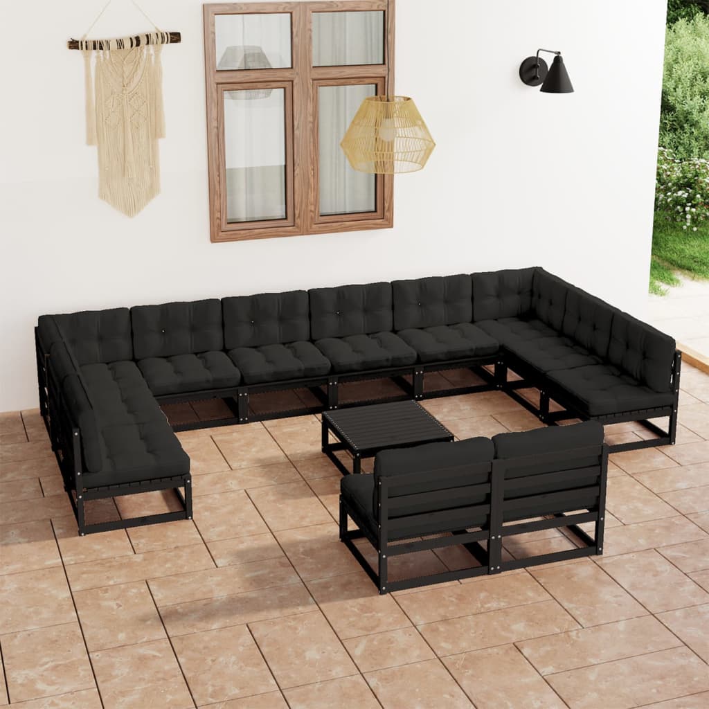 Vetonek Set de muebles de jardín 13 pzas con cojines madera pino negro