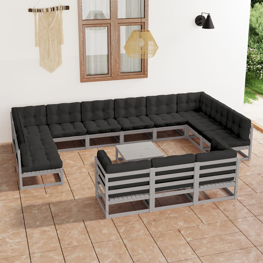 Vetonek Set de muebles de jardín 14 pzas con cojines madera pino gris