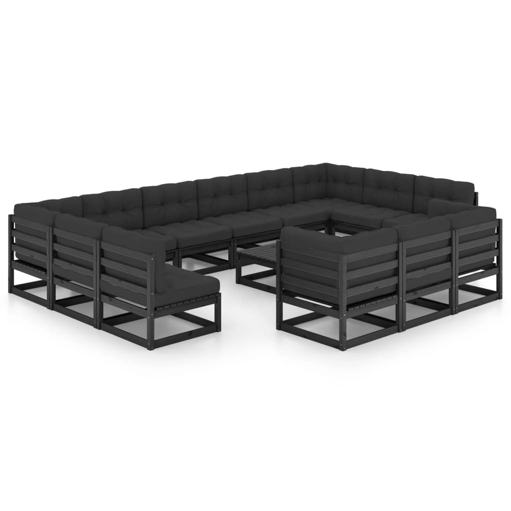 Set de muebles de jardín 14 pzas con cojines madera pino negro vidaXL