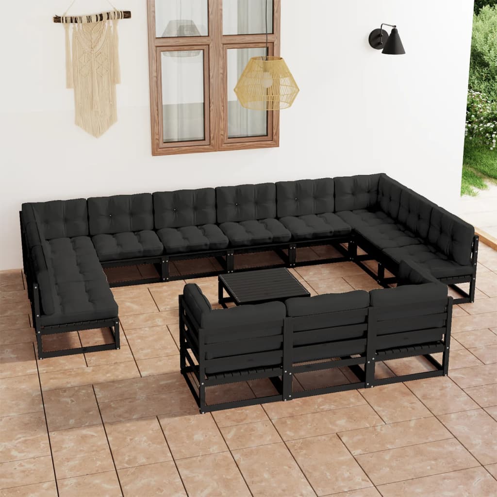 Vetonek Set de muebles de jardín 14 pzas con cojines madera pino negro