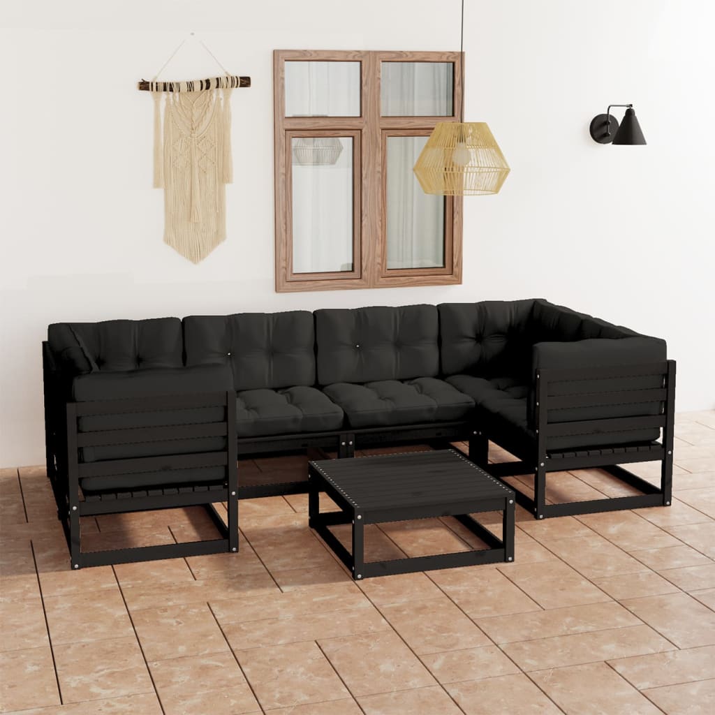 Vetonek Set de muebles de jardín 7 pzas con cojines madera pino negro