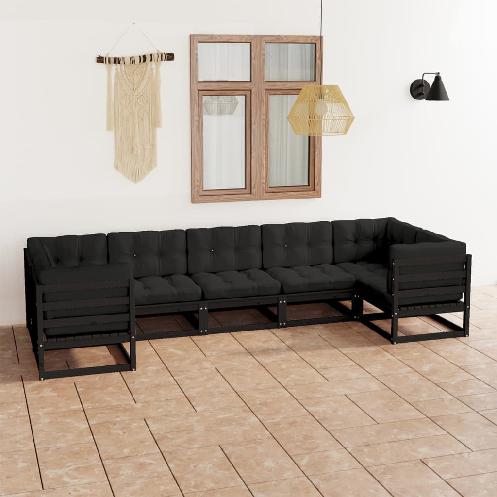 Vetonek Set de muebles de jardín 7 pzas con cojines madera pino negro