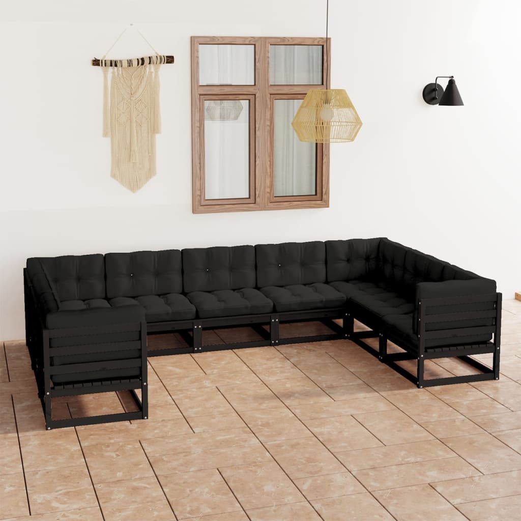 Vetonek Set de muebles de jardín 9 pzas con cojines madera pino negro