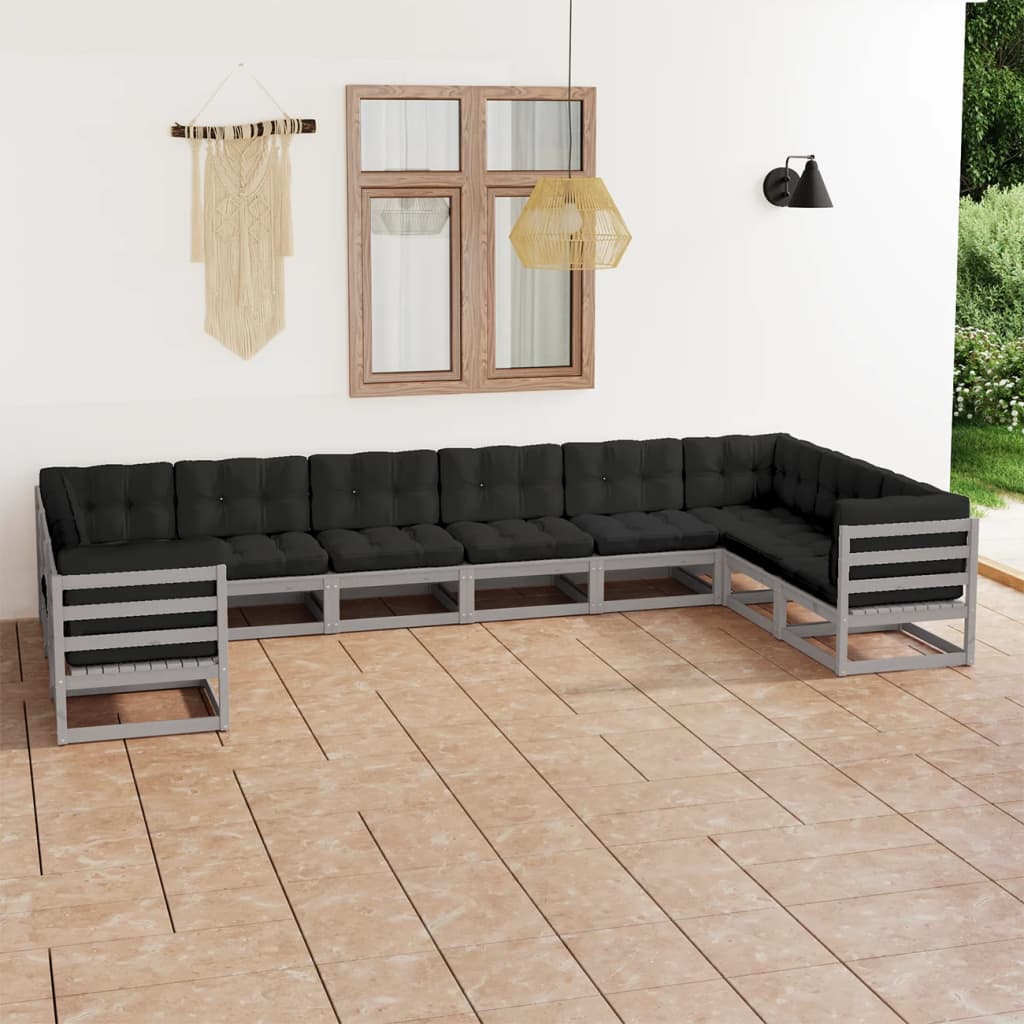 Vetonek Set de muebles de jardín 10 pzas con cojines madera pino gris