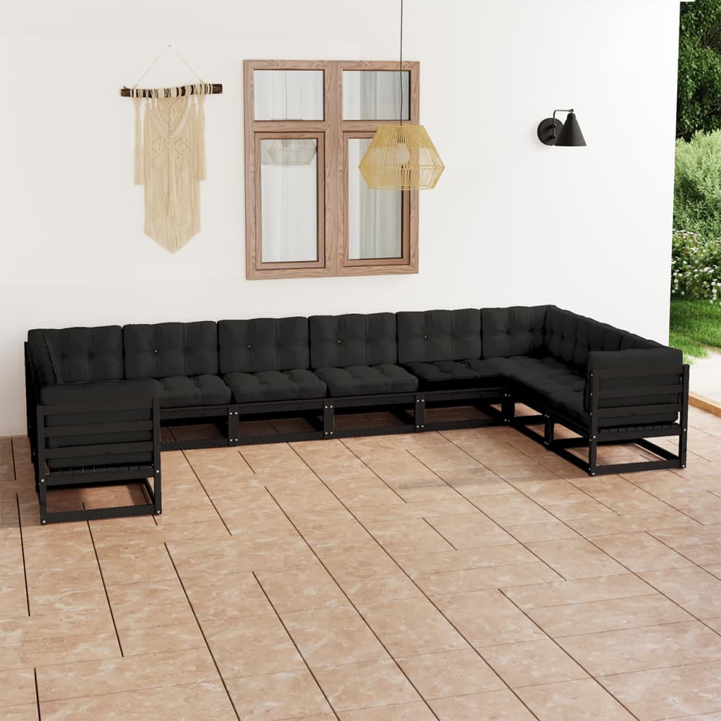 Vetonek Set de muebles de jardín 10 pzas con cojines madera pino negro