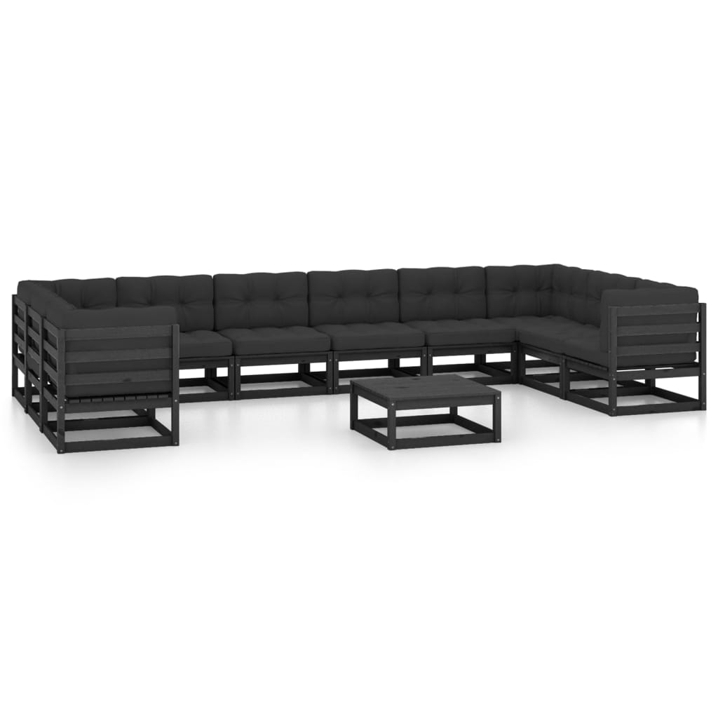 Set de muebles de jardín 11 pzas con cojines madera pino negro vidaXL