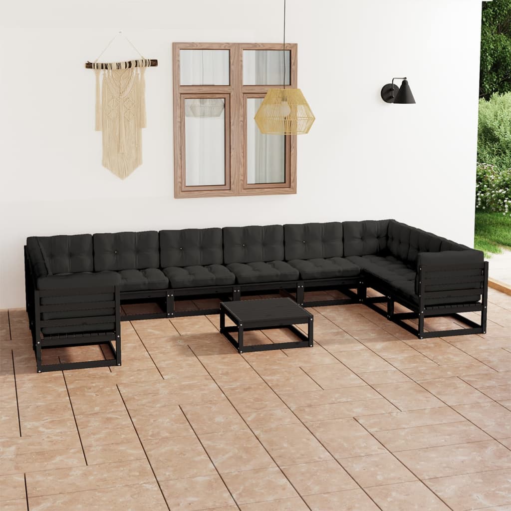 Vetonek Set de muebles de jardín 11 pzas con cojines madera pino negro