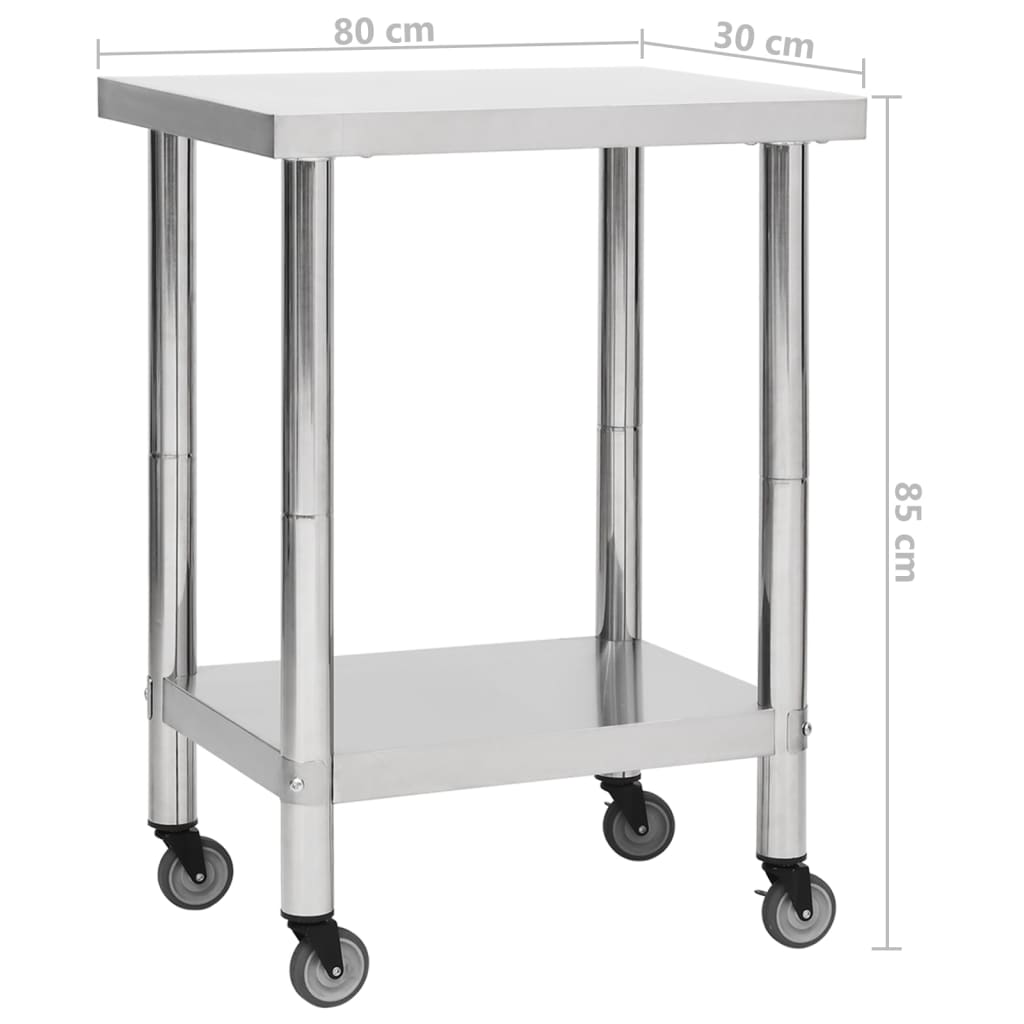 Mesa de trabajo para cocina con ruedas acero inox 80x30x85 cm