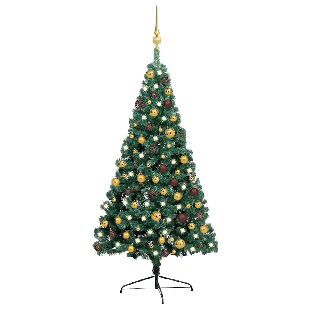 Vetonek Medio árbol de Navidad con luces y bolas verde 120 cm