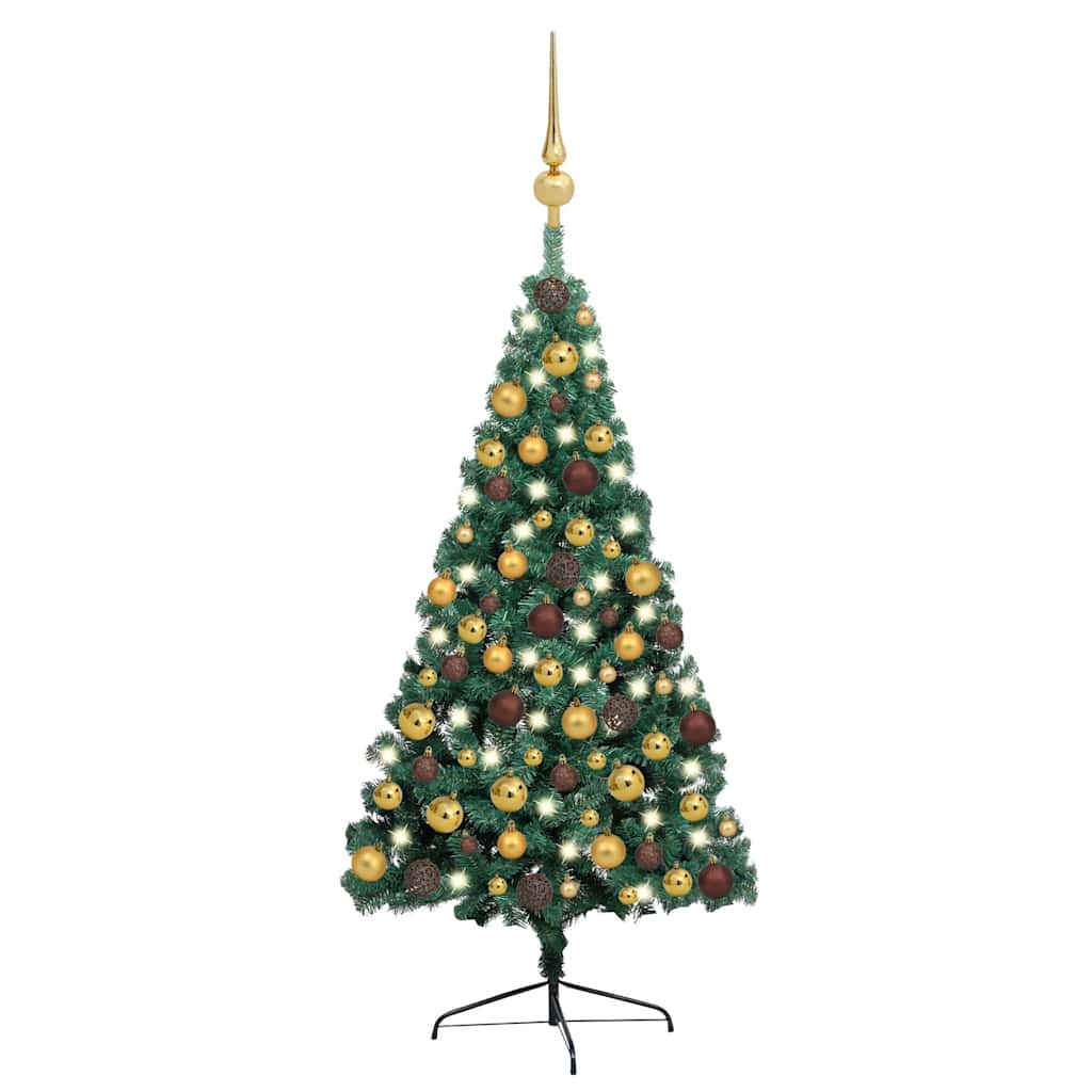 Vetonek Medio árbol de Navidad con luces y bolas verde 150 cm