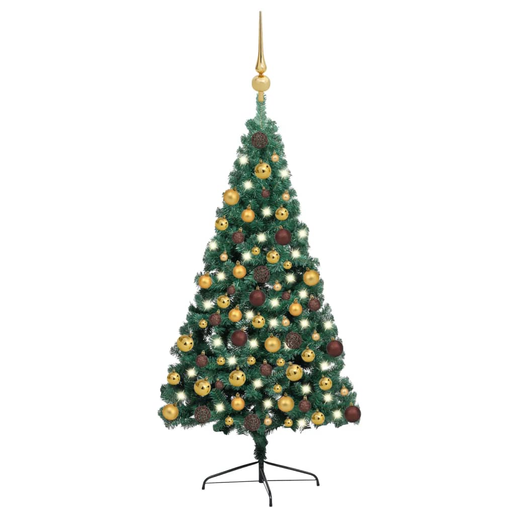 Medio árbol de Navidad con luces y bolas verde 180 cm