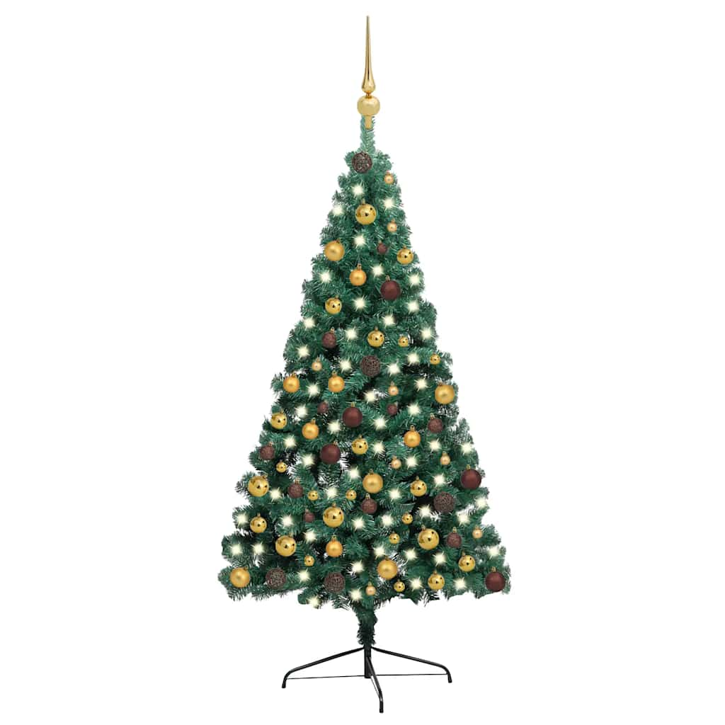 Vetonek Medio árbol de Navidad con luces y bolas verde 210 cm