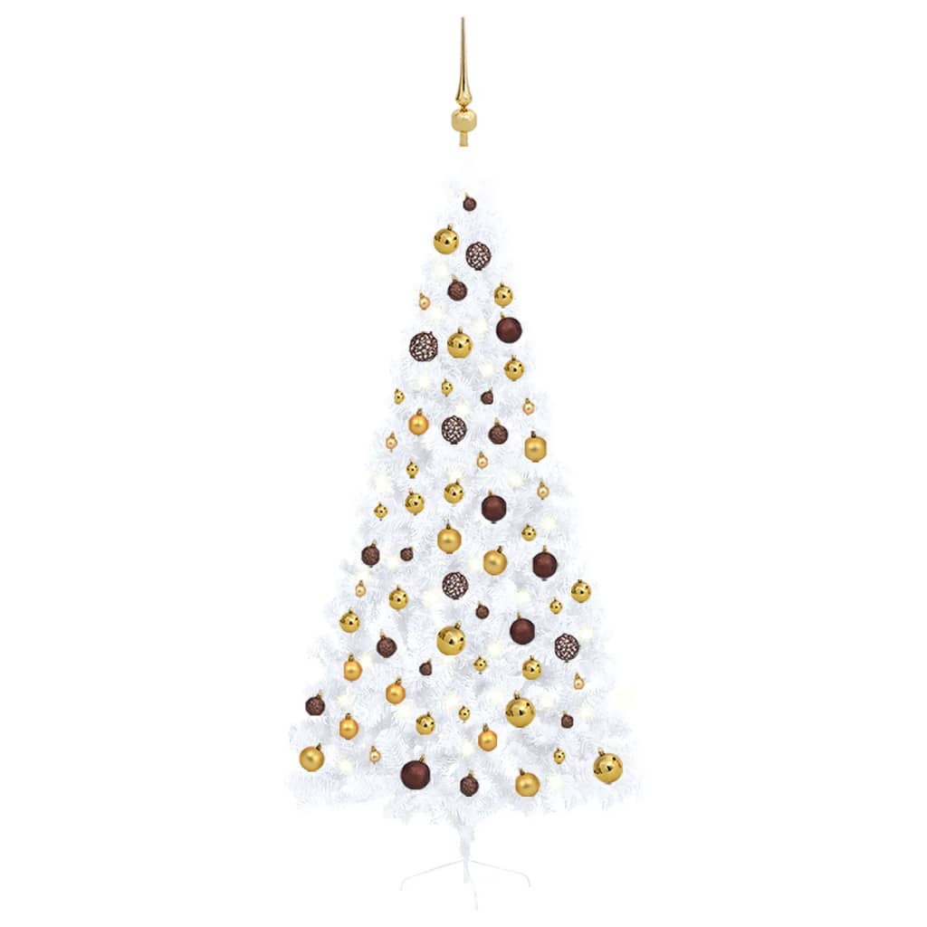 Medio árbol de Navidad con luces y bolas blanco 120 cm