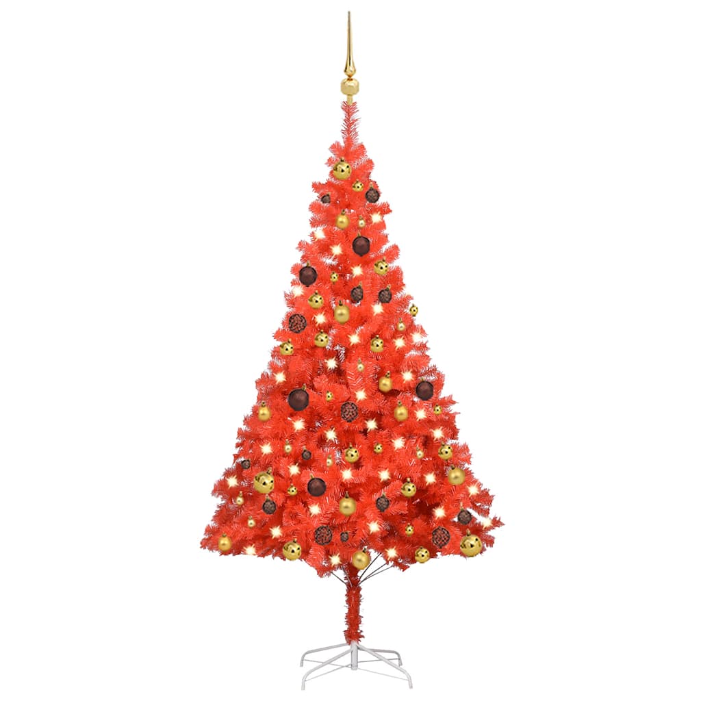 Árbol de navidad preiluminado con luces y bolas rojo 150 cm v6008 Vetonek