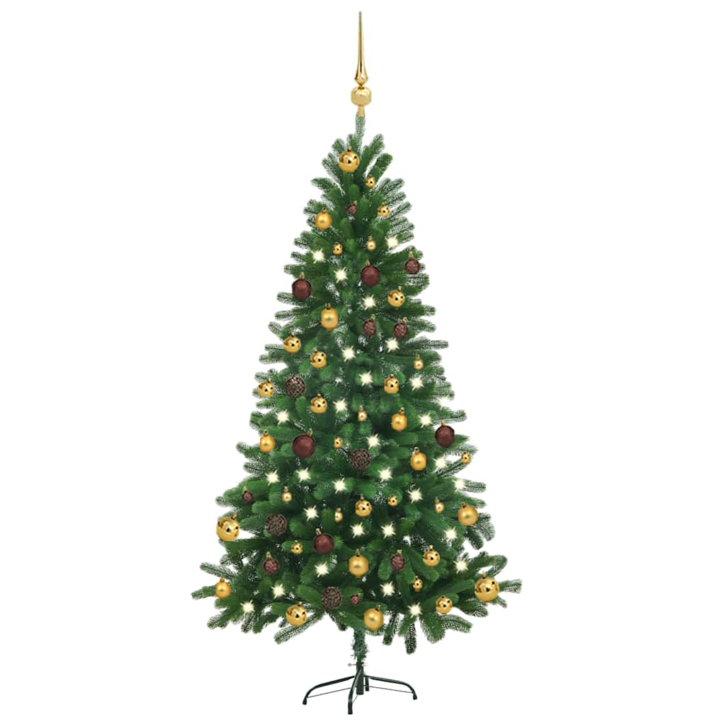 Árbol de navidad preiluminado con luces y bolas verde 150 cm v6411 Vetonek