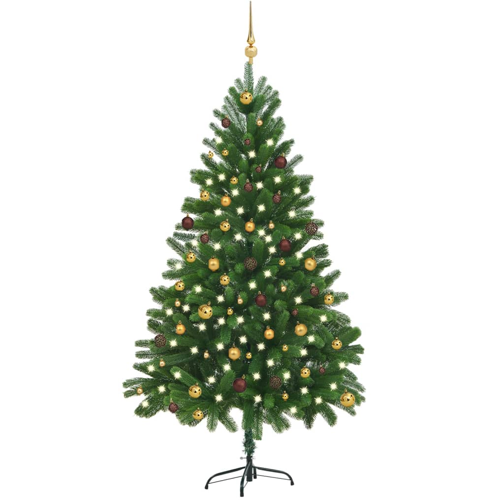 Árbol de Navidad preiluminado con luces y bolas verde 210 cm