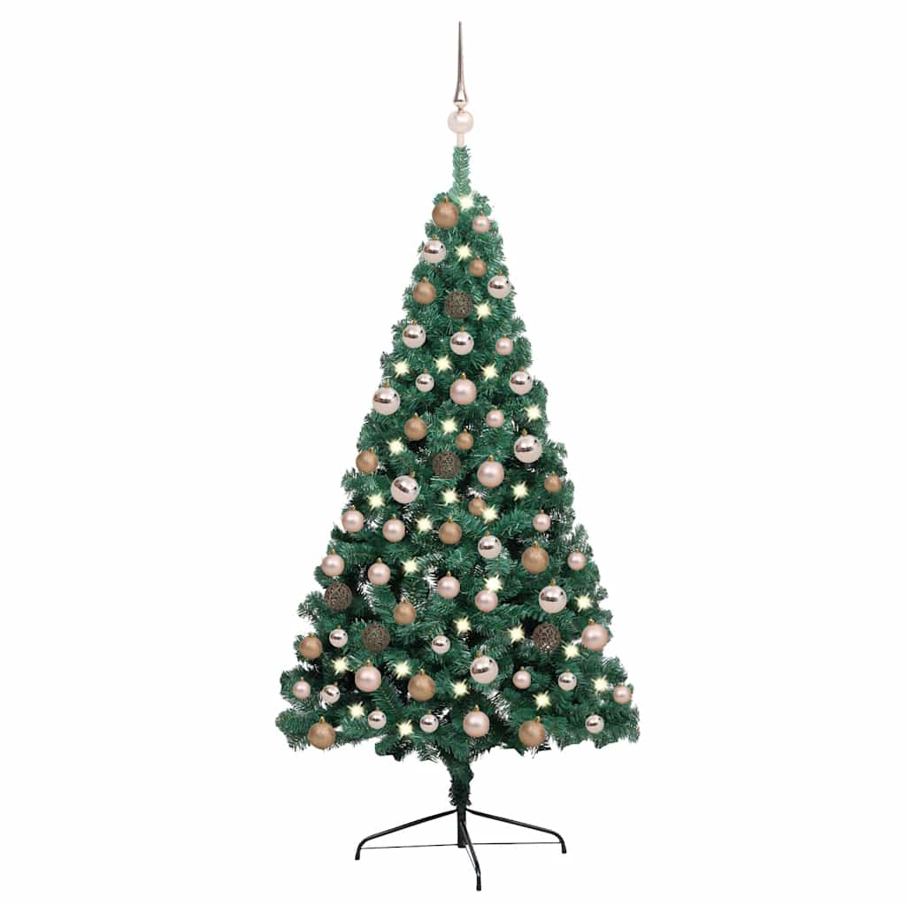 Vetonek Medio árbol de Navidad con luces y bolas verde 120 cm