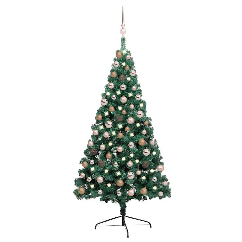 Vetonek Medio árbol de Navidad con luces y bolas verde 150 cm