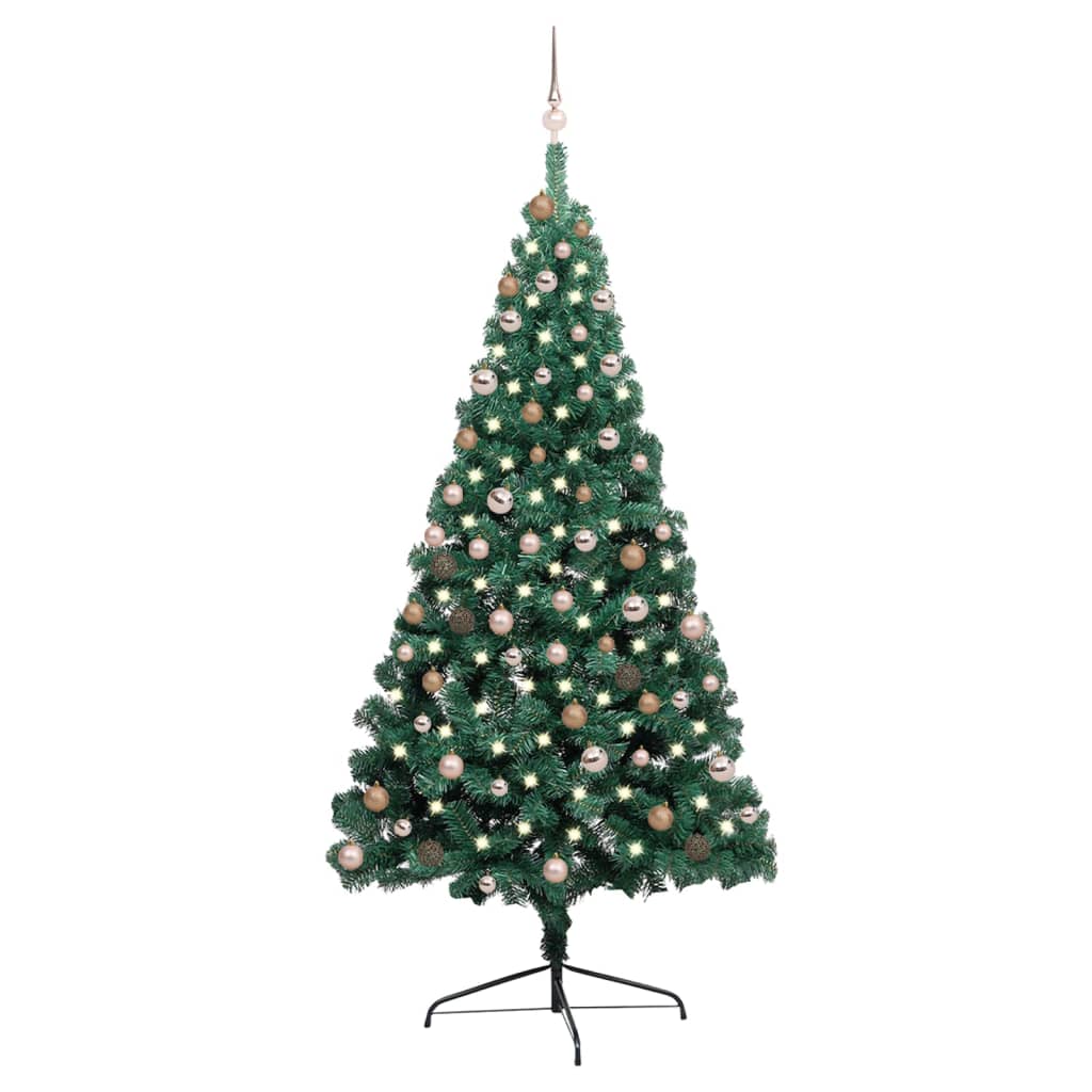 Medio árbol de Navidad con luces y bolas verde 210 cm