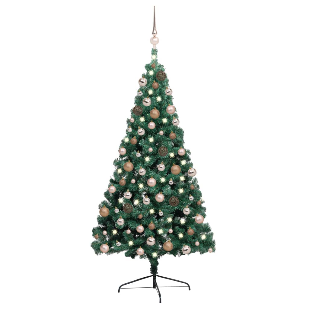 Medio árbol de Navidad con luces y bolas verde 240 cm